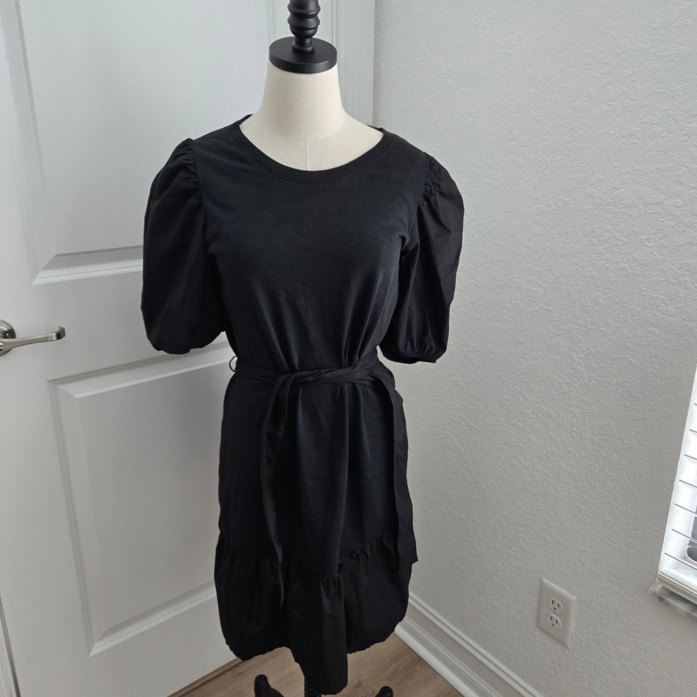 Nation LTD Evangeline Black Cotton Puff Sleeve Tiered Belted Mini Dress Large